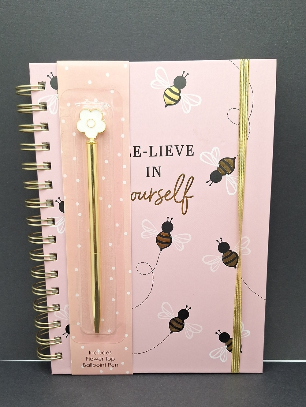 Bee-Lieve In Yourself Pink Spiral Notebook with Gold Accents
